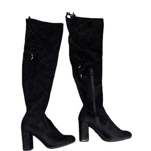 Black Suede Over The Knee Boots Block Heel Side Zip Tie Back Women Size‎ 6.5